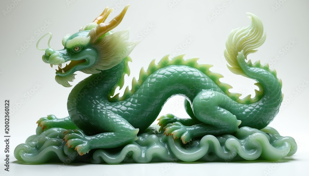Fototapeta premium Green jade dragon statue rests on stylized waves. Intricate carving displays asian mythology and art. Detailed sculpture features traditional craftsmanship and elegant design.