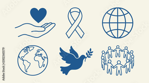 A diverse grid of blue line art icons symbolizes global peace, love, unity, support, and community values.