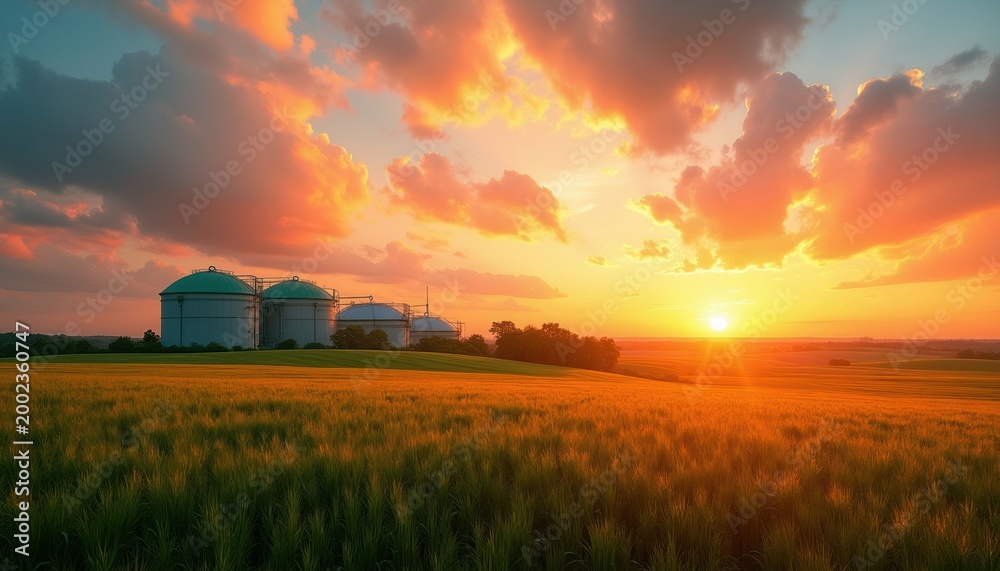 Fototapeta premium Sunset over biogas plant and farm fields. Industrial domes stand near growing crops under a golden sky. Rural landscape shows renewable energy production at dusk.