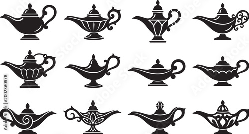 Ancient Oriental Oil Lamp Vector Icons, Black Silhouette of Traditional Middle Eastern Lamps