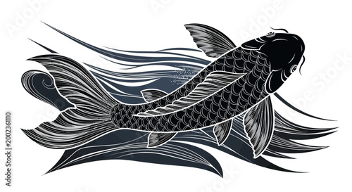 a black and white koi fish swimming.