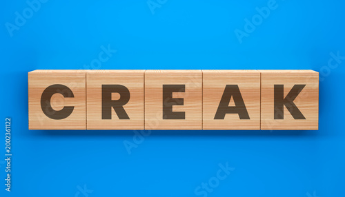 Bild auf Leinwand Wordplay Block: A set of wooden blocks spelling out the word CREAK on a vibrant blue backdrop, creating a playful and imaginative scene