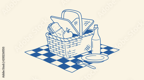 A woven picnic basket containing a fresh sandwich, a crisp apple, a bottle and empty dinner plate