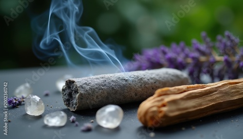 Burning sage stick with palo santo wood, clear quartz crystals, and lavender sprigs. Wispy smoke rises, creating tranquil atmosphere for wellness and spiritual rituals. Peaceful, natural, and calming.