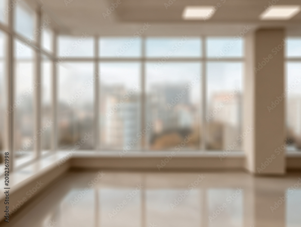 Fototapeta premium Spacious empty modern office interior with floor-to-ceiling windows offering panoramic city views and abundant natural light reflection on polished floor