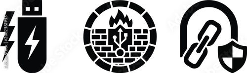 Black security icons set with shield, link and usb