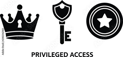 Privileged access icons with crown, shield key and star