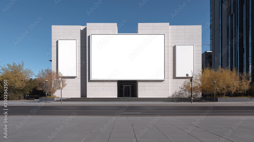 Fototapeta premium Blank billboard mockup standing out on the facade of modern building, attracting attention with its empty space waiting for creative ads. Ideal for advertising display, urban scenery addition, showing