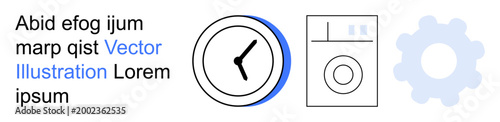 Automation, productivity, time management, household chores, workflow optimization, settings. Clock, washing machine and gear icon trio. Automation and productivity in a minimalist style