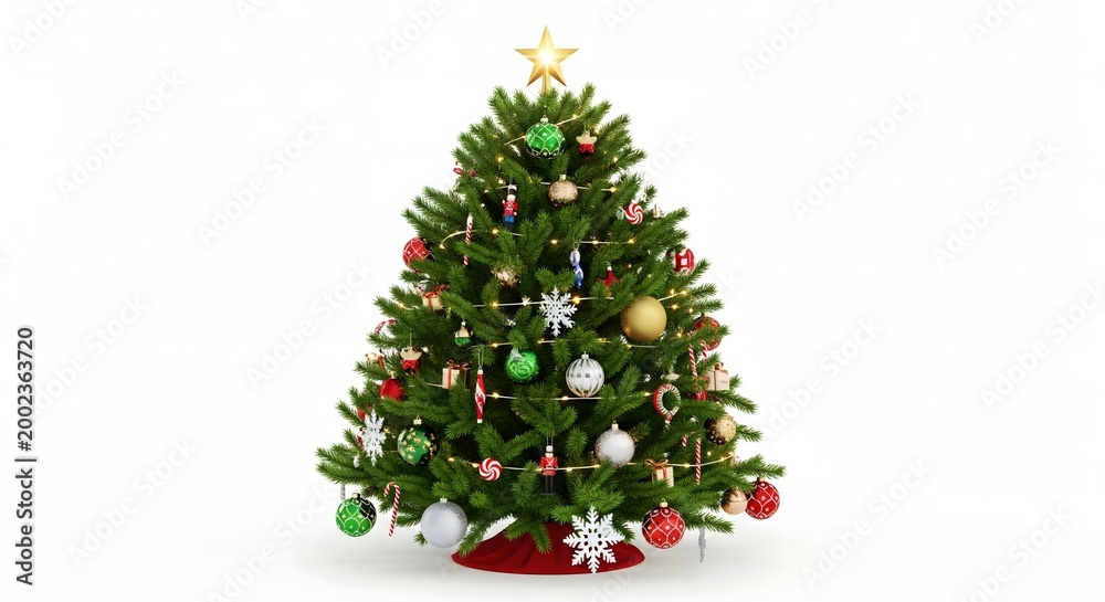 Fototapeta premium Vibrantly decorated Christmas tree adorned with colorful baubles, sparkling lights, and a radiant golden star, symbolizing festive holiday joy