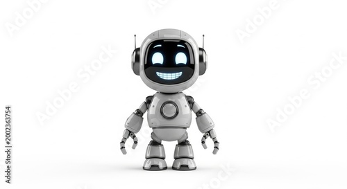 Adorable futuristic artificial intelligence companion robot with a cheerful digital face, symbolizing innovation, automation, and smart technological assistance