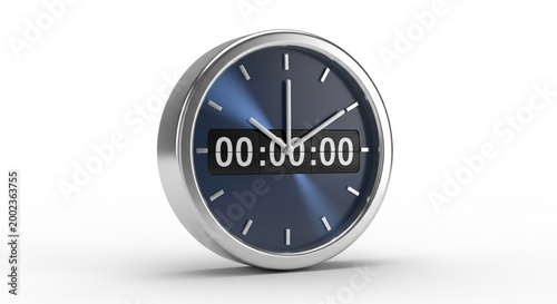 Sleek Metallic Timer with Digital Display Showing Zero Hours, Minutes, and Seconds, Embodying Precision and New Beginnings