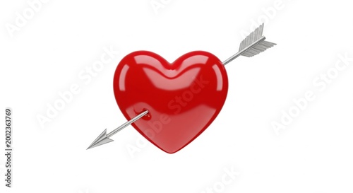 Three-Dimensional Red Heart Symbol Struck by a Silver Arrow, Iconic Representation of Love, Romance, Affection, and Passion for Valentine's Day and Emotional Concepts