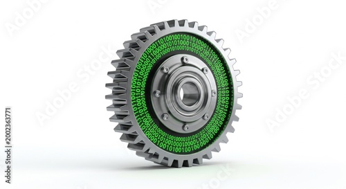 Detailed 3D rendering of a metallic gear with green digital data integrated into its structure