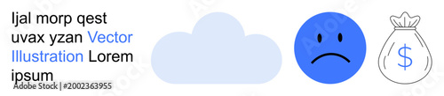 Finance, emotions, digital services, savings, cloud storage, economic challenges. A cloud, sad face and money bag. Emotions and finance with simple graphic icons