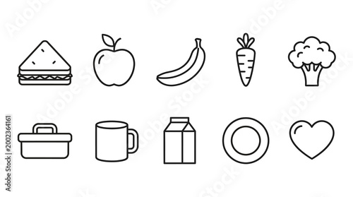 flat lay set of daily essentials and healthy food icons in minimalist line art style