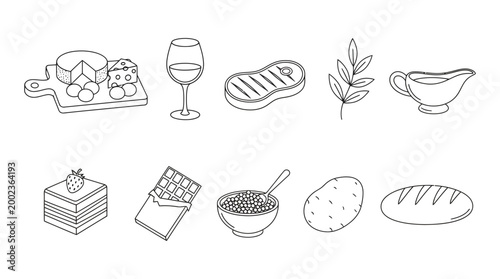hand drawn flat lay illustration of healthy food ingredients and kitchenware set on light background