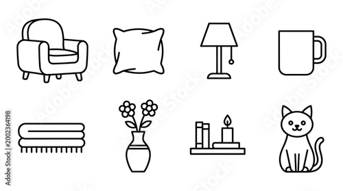 flat lay home office essentials with minimalist decor and pet illustration set