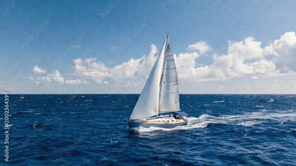 Fototapeta premium Single sailboat cutting through deep blue ocean under scattered clouds