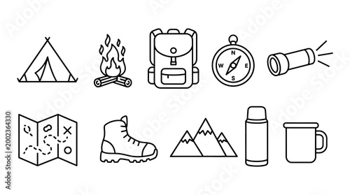 flat design essential survival kit icons with camping and emergency gear vector illustration
