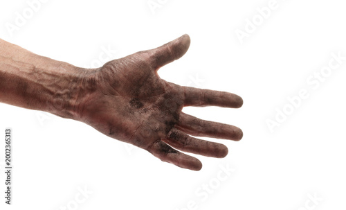 Tableau sur toile Dirty hand from black coal dust isolated on white background, clipping path, des