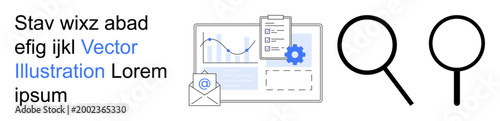 Data analysis, email communication, business strategy, magnification tools, research and statistics, technology solutions. Documents, graphs and magnifying glasses. Data analysis and email