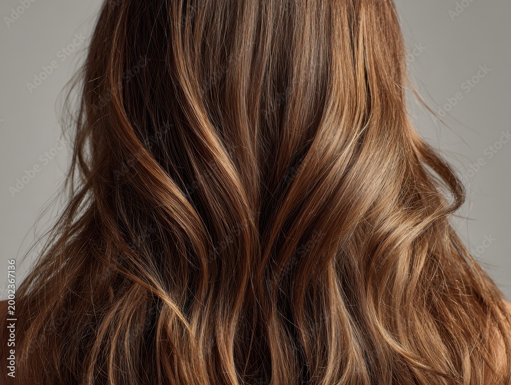 Naklejka premium Beautiful long wavy chestnut hair with subtle highlights showcasing healthy texture and natural shine against a neutral background for hair care concepts