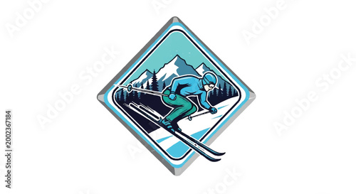 Skier skiing downhill graphic illustration with mountain backdrop
