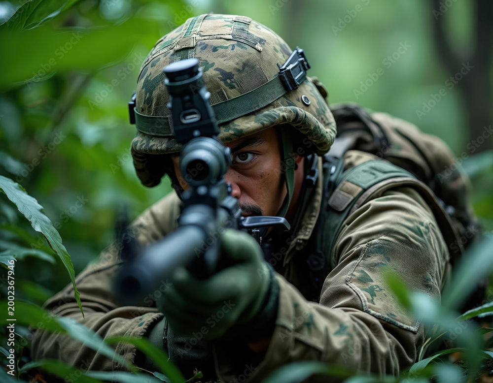 Naklejka premium Soldier in camouflage lies low in jungle foliage aiming rifle. Military operative focuses through scope for target acquisition. Tactical mission in dense green forest environment.