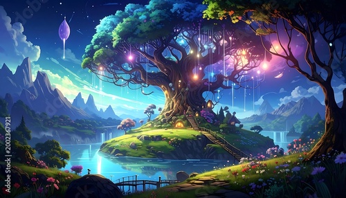 Lush island with a giant tree, houses, and glowing lights, reflecting on water under a colorful sky