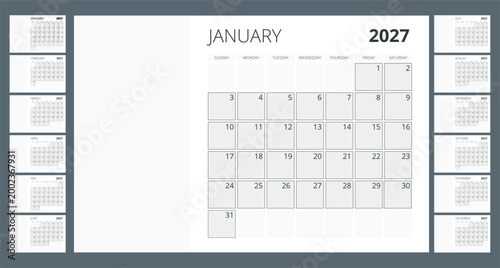 2027 calendar template and compact date rows. Clean annual 2027 planner concept for office organization, schedule overview, and print use. 12 months included