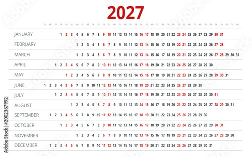 2027 calendar template and compact date rows. Clean annual 2027 planner concept for office organization, schedule overview, and print use. 12 months included