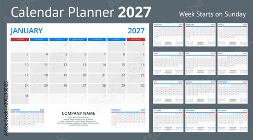2027 calendar template and compact date rows. Clean annual 2027 planner concept for office organization, schedule overview, and print use. 12 months included