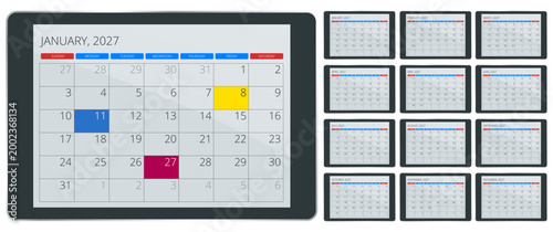 2027 calendar template and compact date rows. Clean annual 2027 planner concept for office organization, schedule overview, and print use. 12 months included