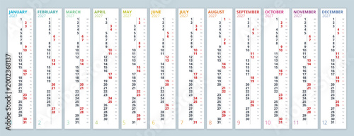 2027 calendar template and compact date rows. Clean annual 2027 planner concept for office organization, schedule overview, and print use. 12 months included