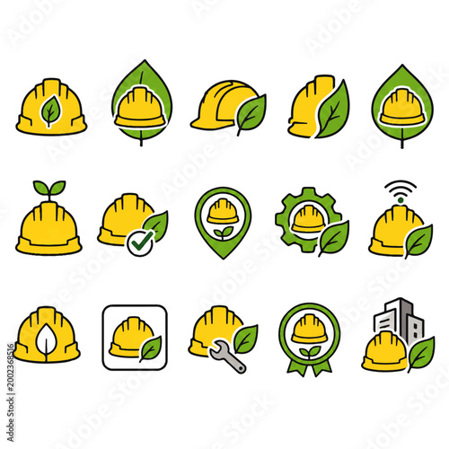 15 variations of construction safety helmet with leaf icons