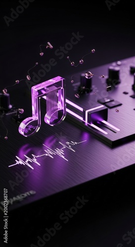 Retro Synthesizer Concept: Floating Neon Purple Sapphire Note and Liquid Silver Slider on Brushed Titanium Control Surface