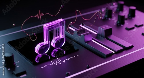 Retro Synthesizer Concept: Floating Neon Purple Sapphire Note and Liquid Silver Slider on Brushed Titanium Control Surface
