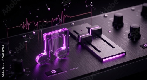 Retro Synthesizer Concept: Floating Neon Purple Sapphire Note and Liquid Silver Slider on Brushed Titanium Control Surface