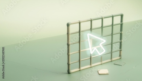 UX Design Wireframe Grid with Glowing Cursor Icon on Minimalist Green Background and Copy Space Left