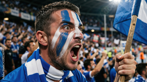 Passionate sports fan cheering at a soccer stadium. Man with face paint holding a blue and white flag during a football match