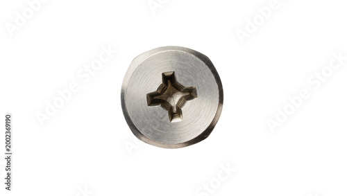 Fényképezés Isolated bright silver metallic Philips head screw top view of common fastening