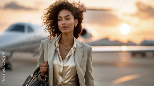 Confident black woman in elegant suit walking on airport tarmac at sunset with private jet in background