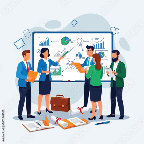 Dedicated business team collaborates on market strategy and client service improvement, analyzing data to drive successful outcomes and enhance corporate support functions