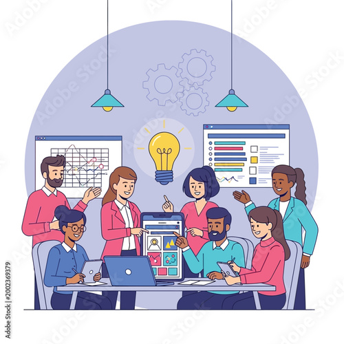 Diverse Business Team Collaborating on Innovative Marketing Strategy, Generating New Ideas and Solutions with Technology in a Dynamic Office Environment