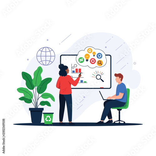 Business professionals engaging in a collaborative meeting, analyzing data visualizations and strategizing innovative ideas for project success and growth