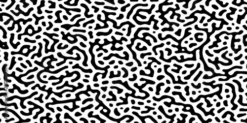Seamless organic reaction diffusion pattern background. Abstract black and white liquid maze textures for design.