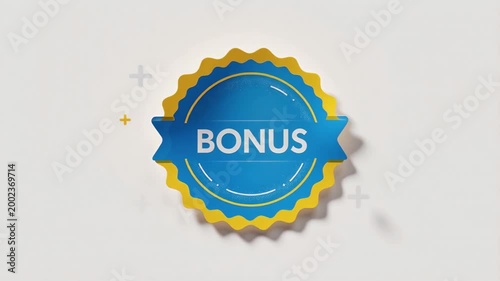 Bonus sticker badge in bright blue and yellow with bold text on a solid white background. 3D round label design with subtle drop shadow for promotion, reward, and marketing concepts.