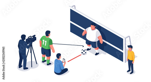 Isometric illustration of a soccer player kicking the ball towards the goal.