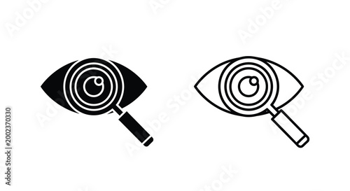 Eye with magnifying glass icon set black and white